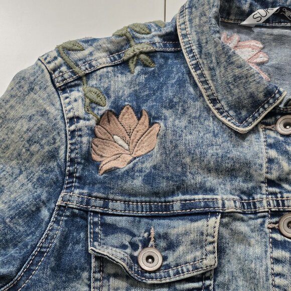Suko Jeans Denim Jacket Women L Blue Acid Wash Floral Embroidery Stretch Y2K - Picture 10 of 16